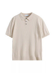 Apricot ribbed knit polo shirt for men with short sleeves and button placket.