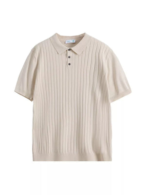 Apricot ribbed knit polo shirt for men with short sleeves and button placket.