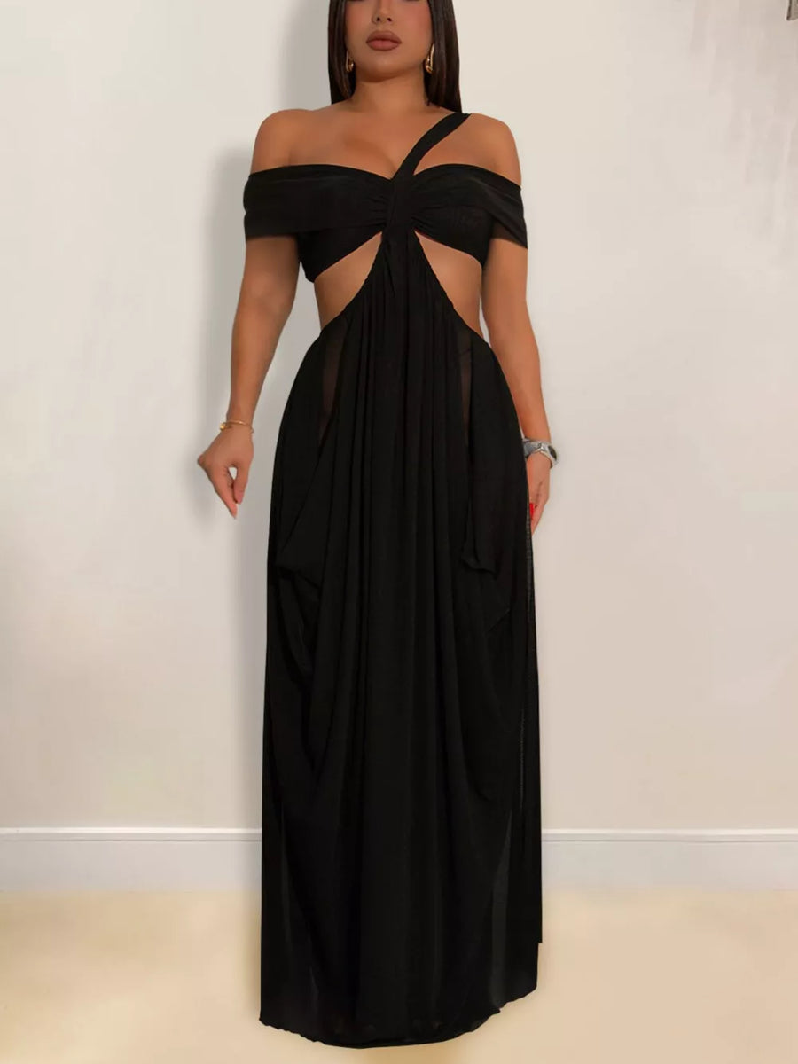 Black Cutout Off Shoulder Ruched Maxi Dress