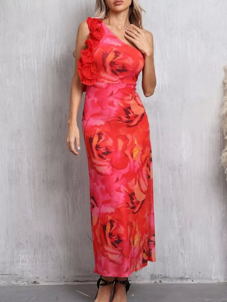 Floral one shoulder maxi dress with ruffled detail and vibrant rose print