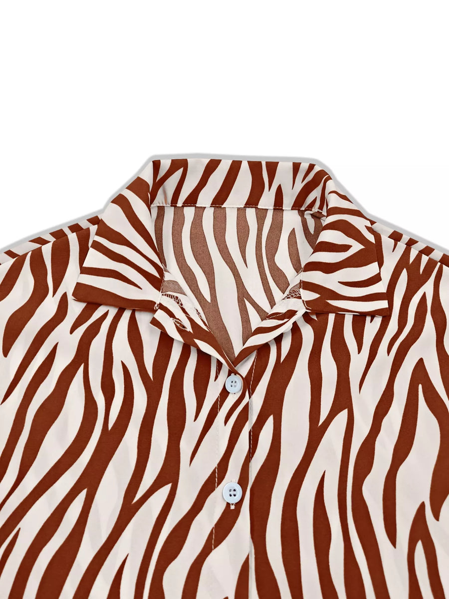 Brown zebra print relaxed fit collared shirt with button front detail