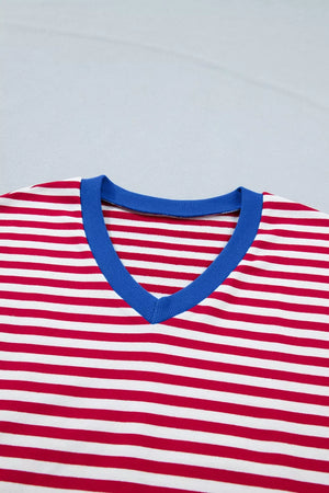 Red and white striped cotton V-neck lounge top with blue trim