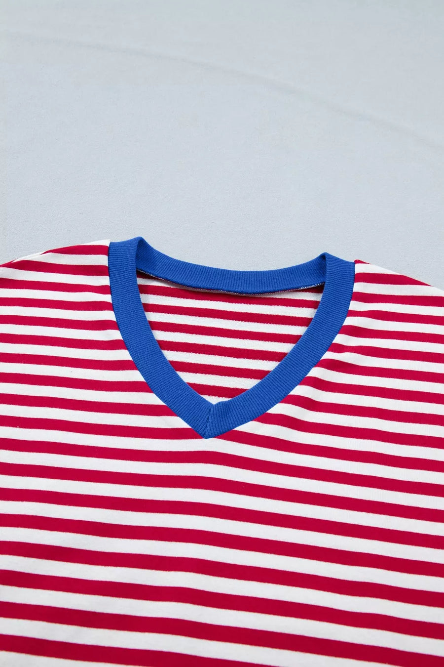 Red and white striped cotton V-neck lounge top with blue trim