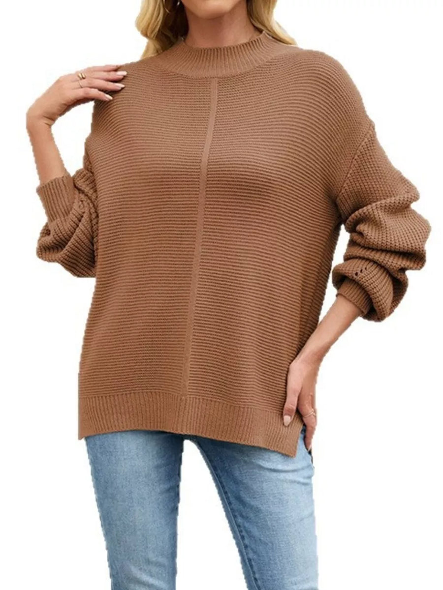 mock neck sweater in Black with ribbed and hip-length