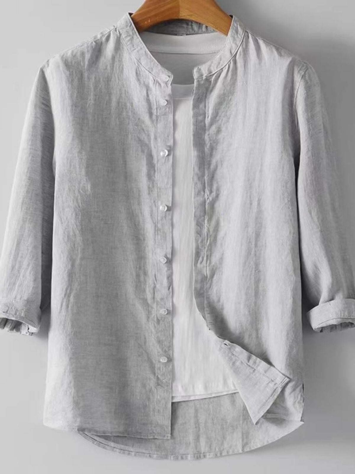 Light grey linen band collar shirt with white t-shirt underneath