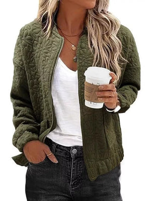 olive green quilted jacket with floral and collared
