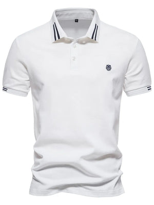 White textured polo shirt with striped collar and sleeve detail
