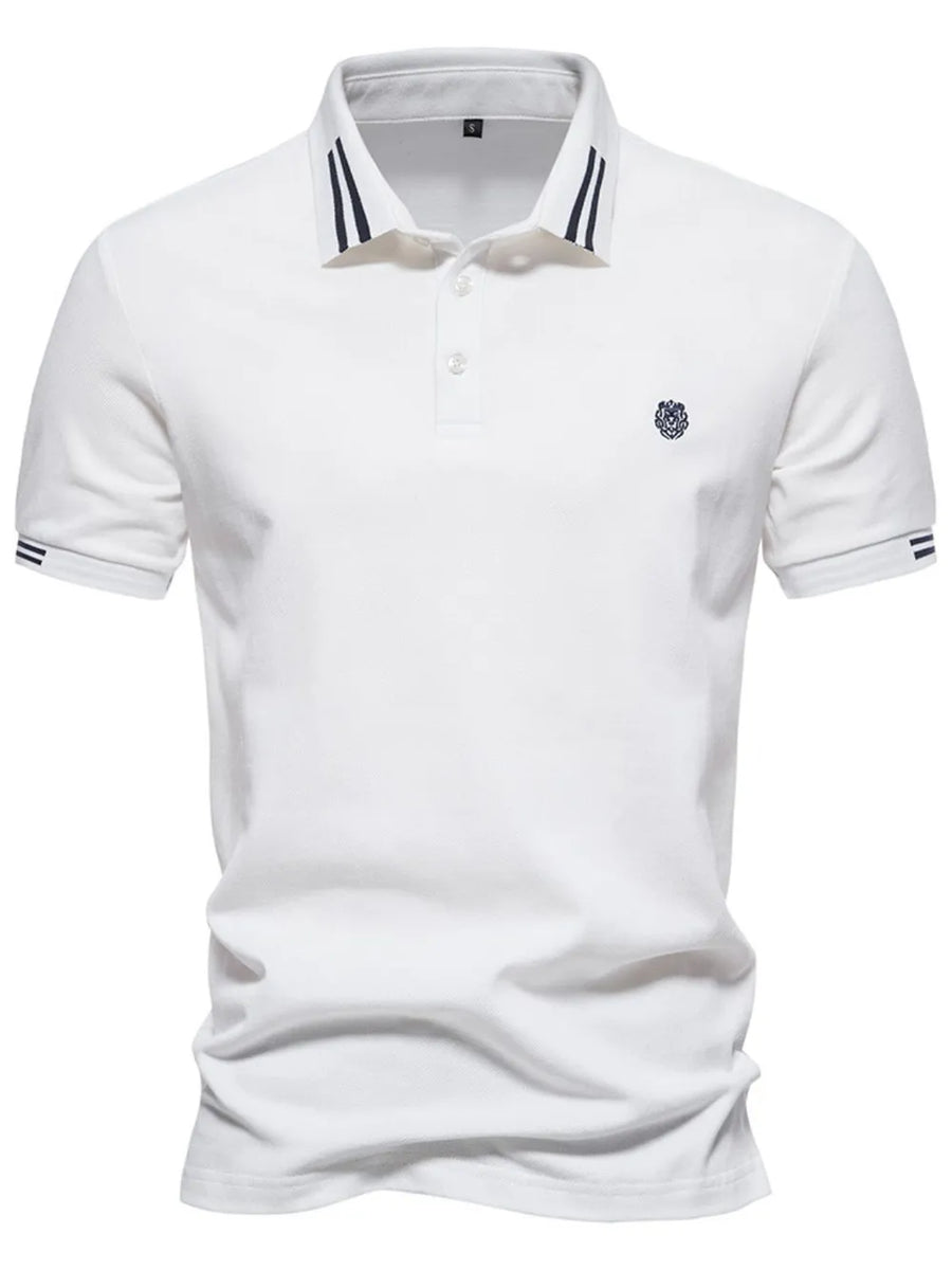 White textured polo shirt with striped collar and sleeve detail