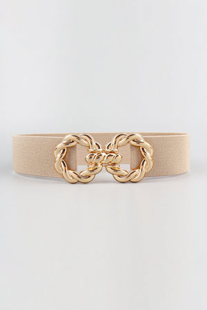 Tan braided stretch belt with gold alloy knot buckle detail
