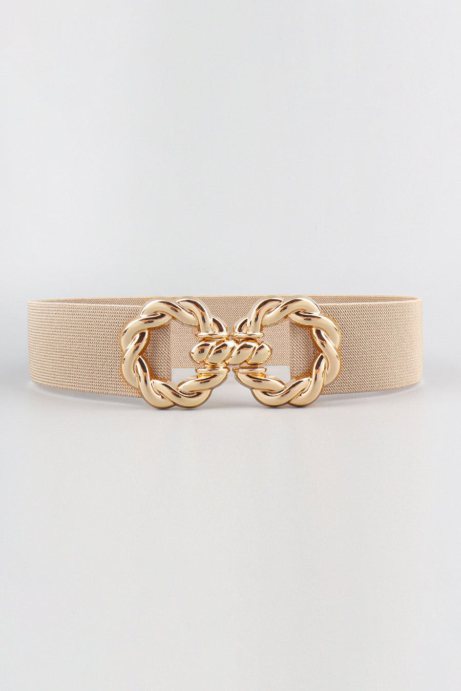 Tan braided stretch belt with gold alloy knot buckle detail