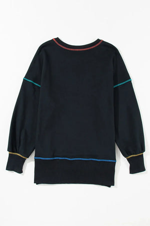 Black sweatshirt with colorful contrast stitching on neckline, sleeves, and hem.