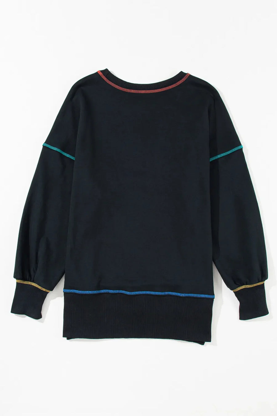Black sweatshirt with colorful contrast stitching on neckline, sleeves, and hem.