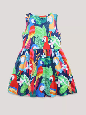 Baby A-line dress with vibrant parrot and tropical leaf print, sleeveless, round neck, cotton blend.