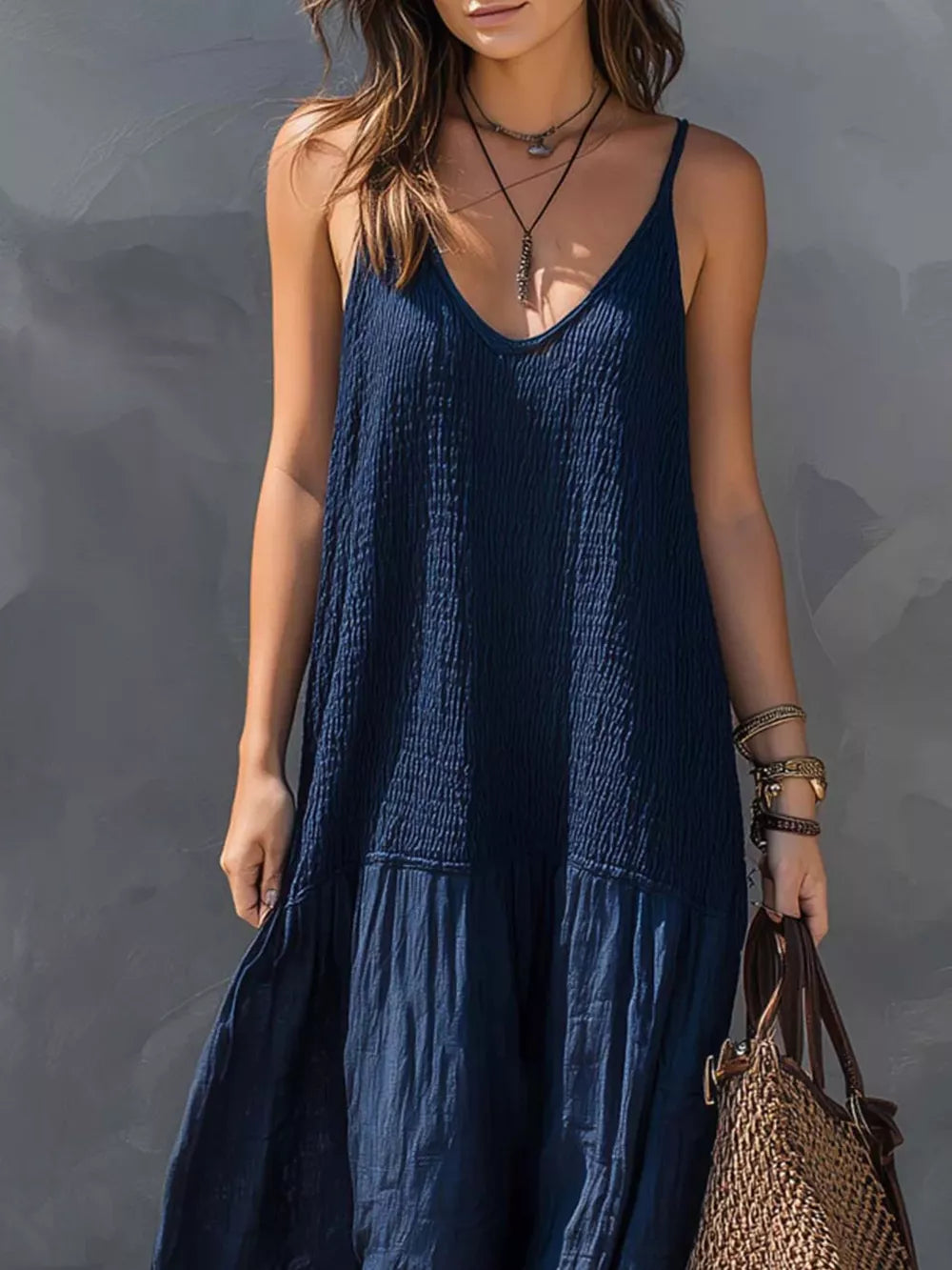 100% polyester Care instructions: Machine wash cold maxi dress in Navy Blue with A-line silhouette
