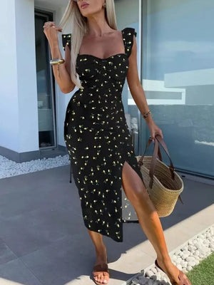 Black floral sweetheart midi dress with ruffle sleeves and a high slit.