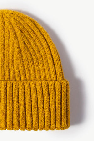 Mustard chunky ribbed knit beanie with folded brim