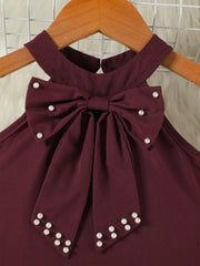 Burgundy toddler set top with pearl bowknot detail and halter neck.