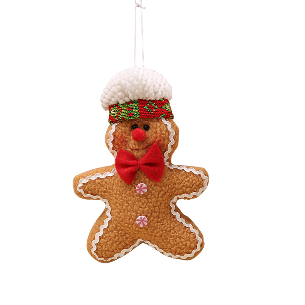 Gingerbread man holiday ornament with red bow tie and festive hat.