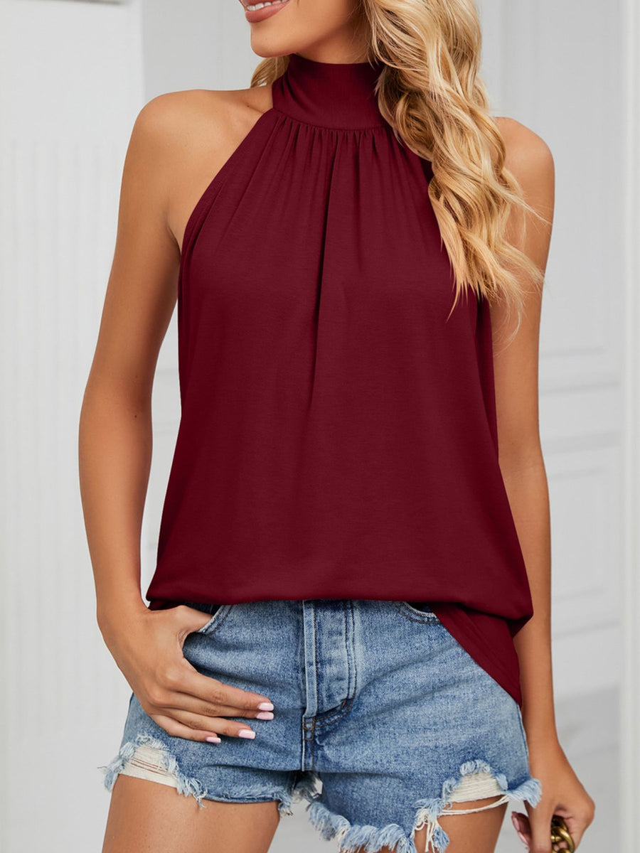 Burgundy ruched high neck cami with tie back detail.