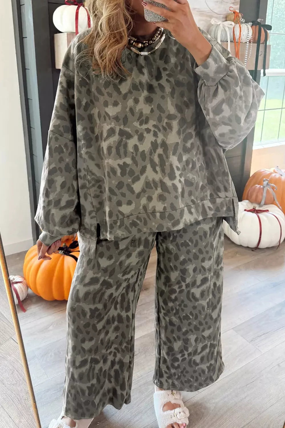 tan pajama set with pullover, drawstring, elastic and leopard-print