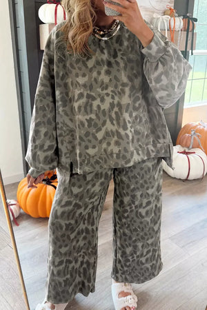 tan pajama set with pullover, drawstring, elastic and leopard-print