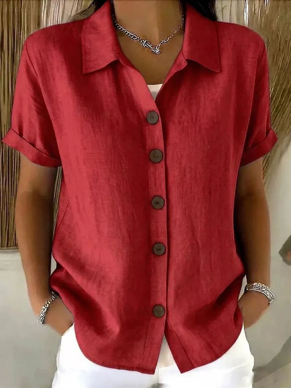 Pink Full Size Button Up Short Sleeve Shirt