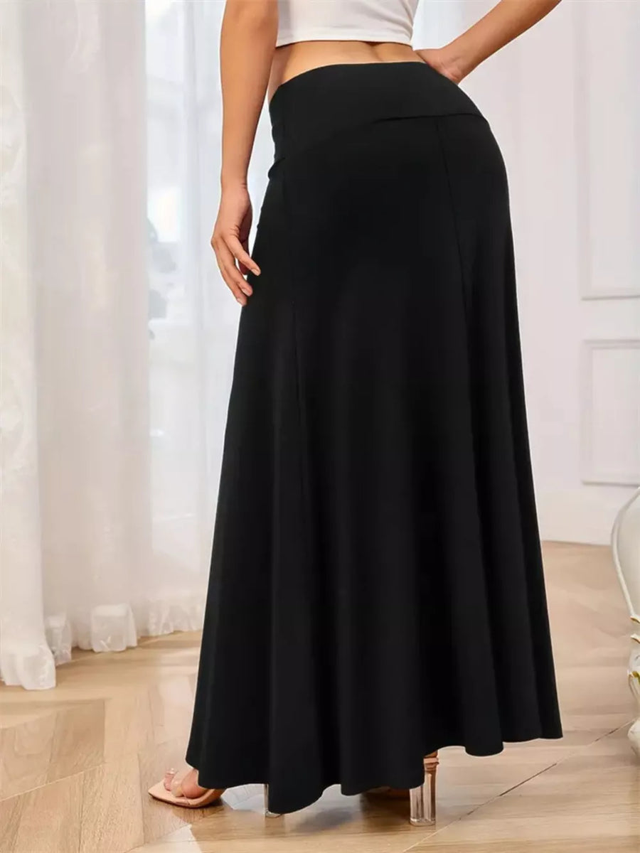 Wine Red Flowy Maxi Skirt With Wide Waistband