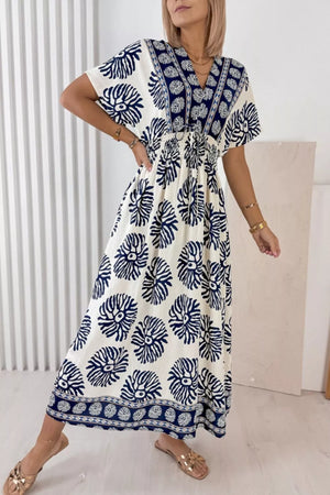 Floral contrast v-neck dolman midi dress with blue print and tie waist
