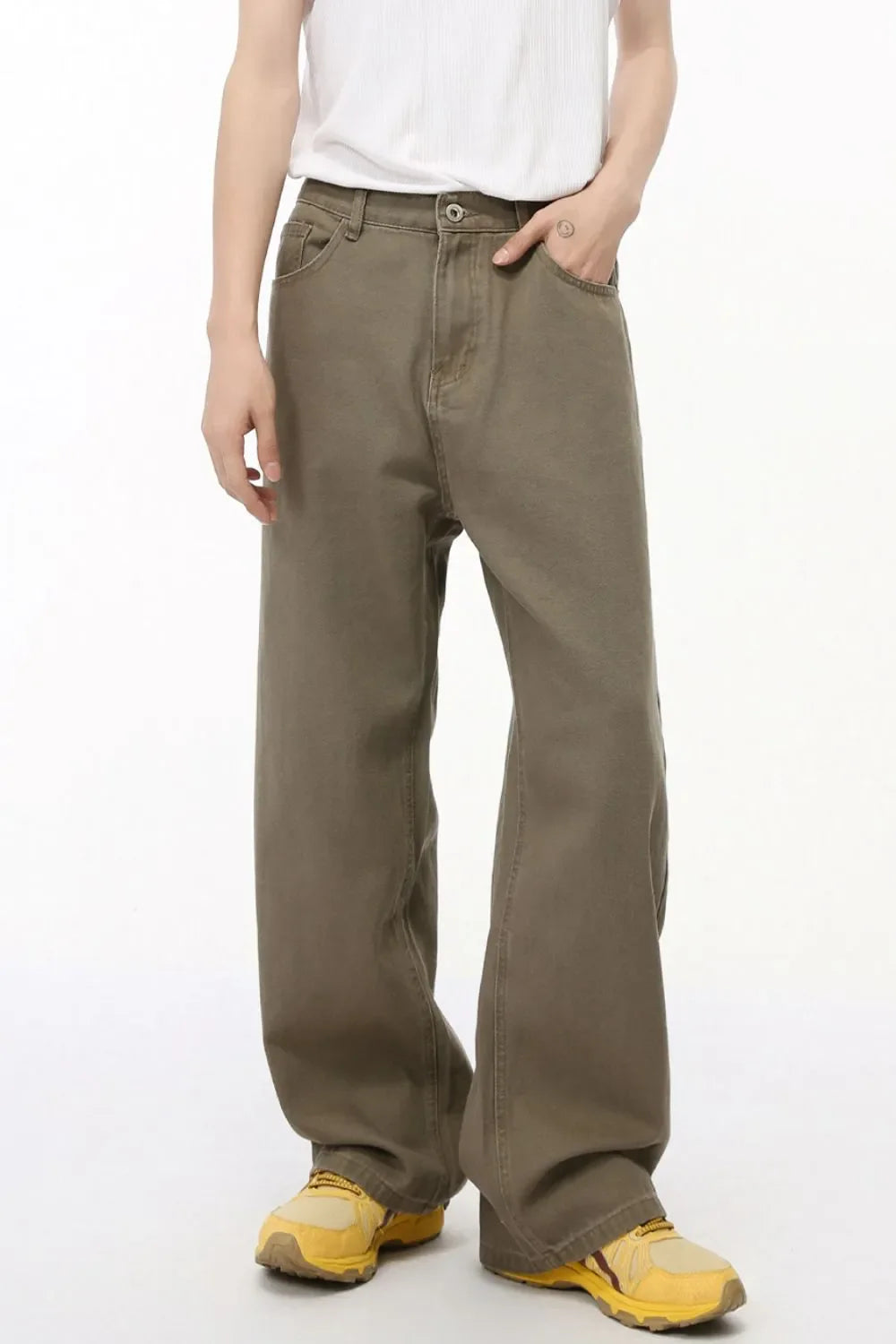 Taupe elastic waist straight-leg denim jeans with a casual, basic style.
