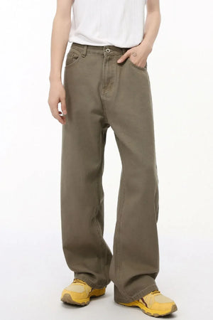 Taupe elastic waist straight-leg denim jeans with a casual, basic style.