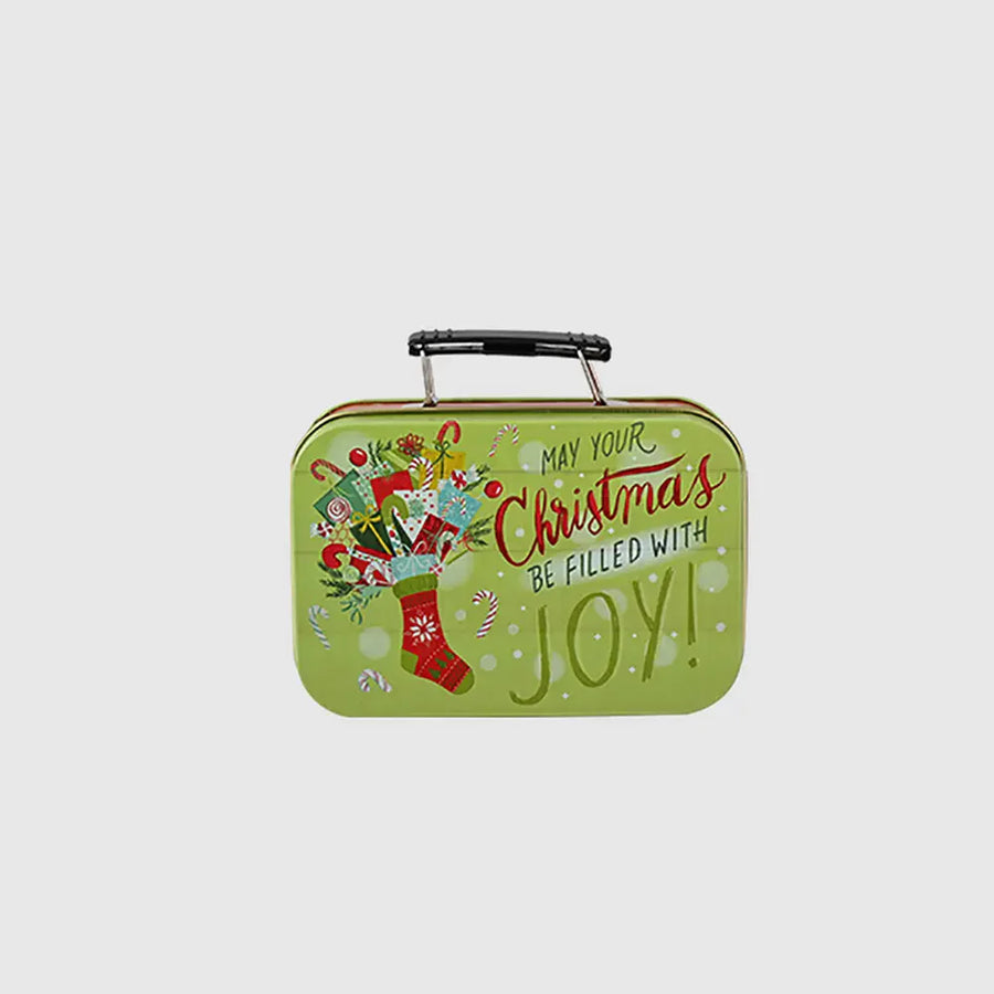 Festive illustrated suitcase tin box with Christmas stocking and joy message, green