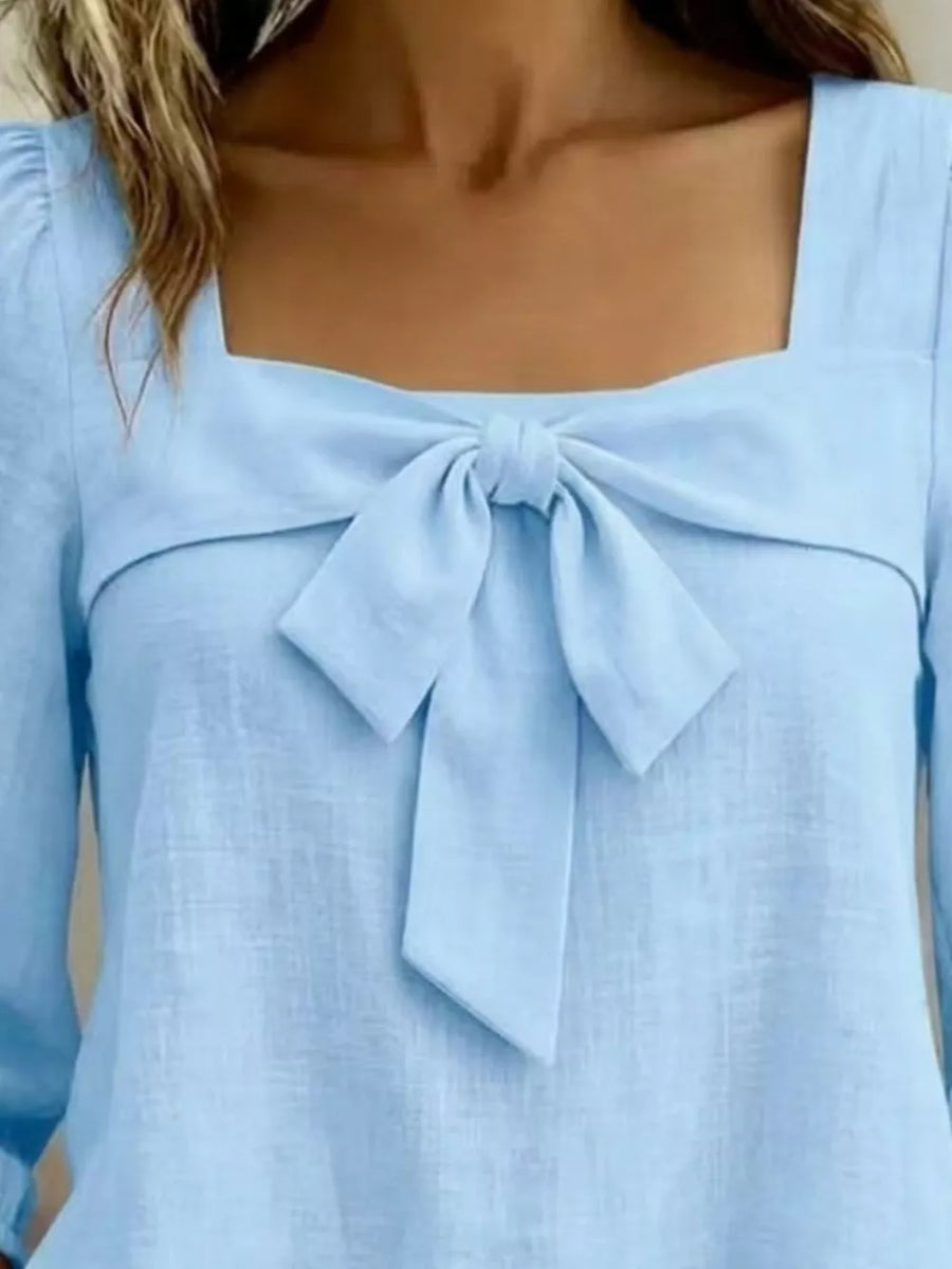 Khaki Full Size Bow Front Square Neck Blouse Plus Size