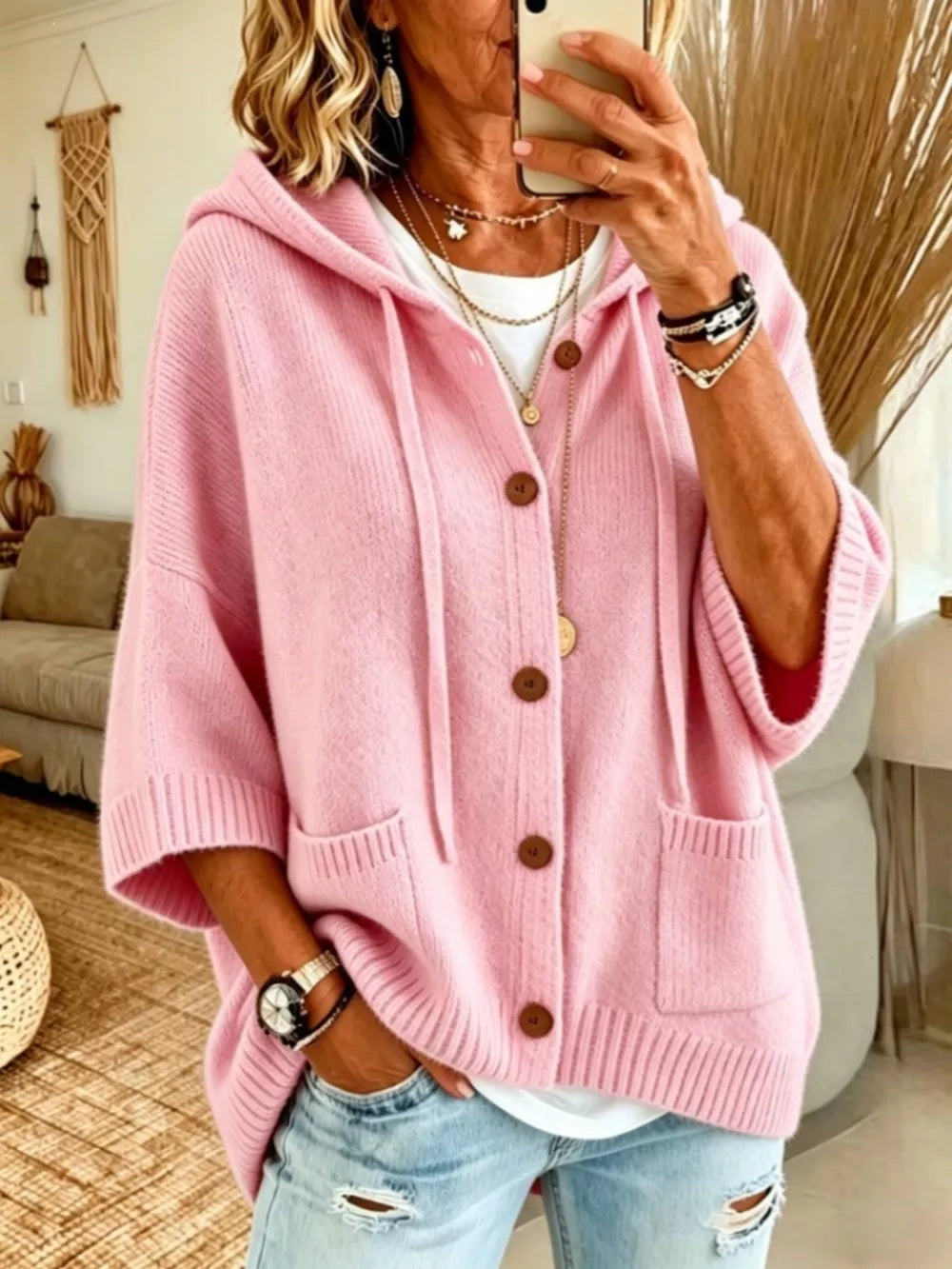 Hooded Button-down Knit Cardigan in Army Green with hooded
