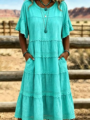 Tiered Ruffle Sleeve Midi Dress With Pockets in White with tiered
