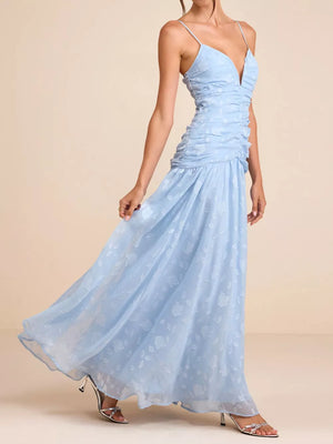 sky blue maxi dress with floral and deep v-neck