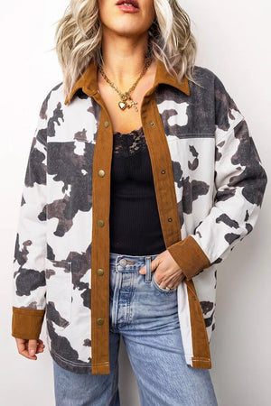 white denim jacket with cow-print and collared