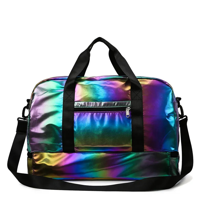 Iridescent duffel bag with separate compartment and black straps
