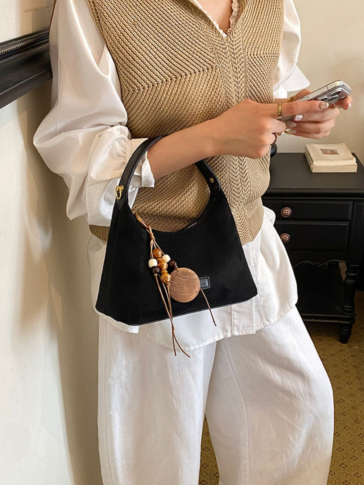 Lightweight Solid Color Suede Tote Bag in black with decorative charm