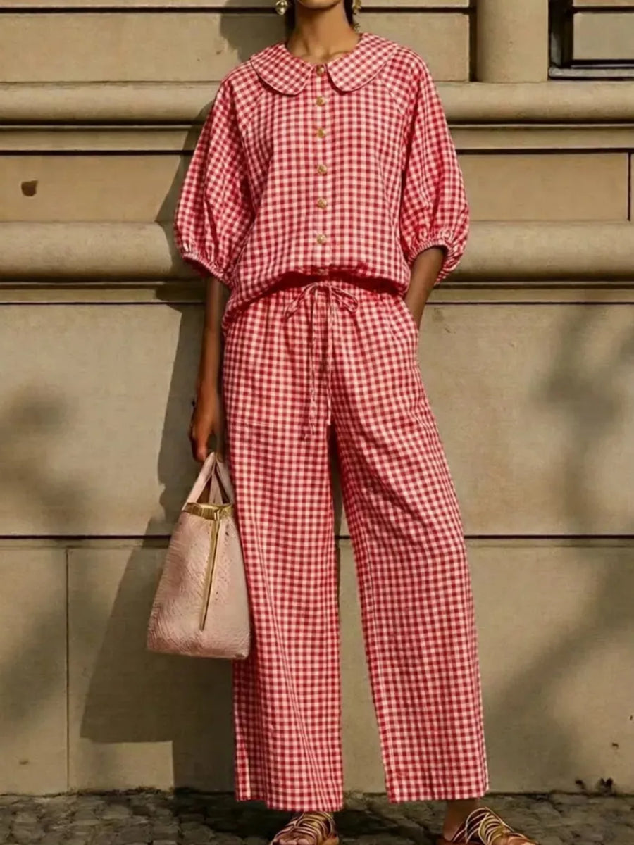Full Size Plaid Button Up Shirt And Pants Set Plus Size in Green