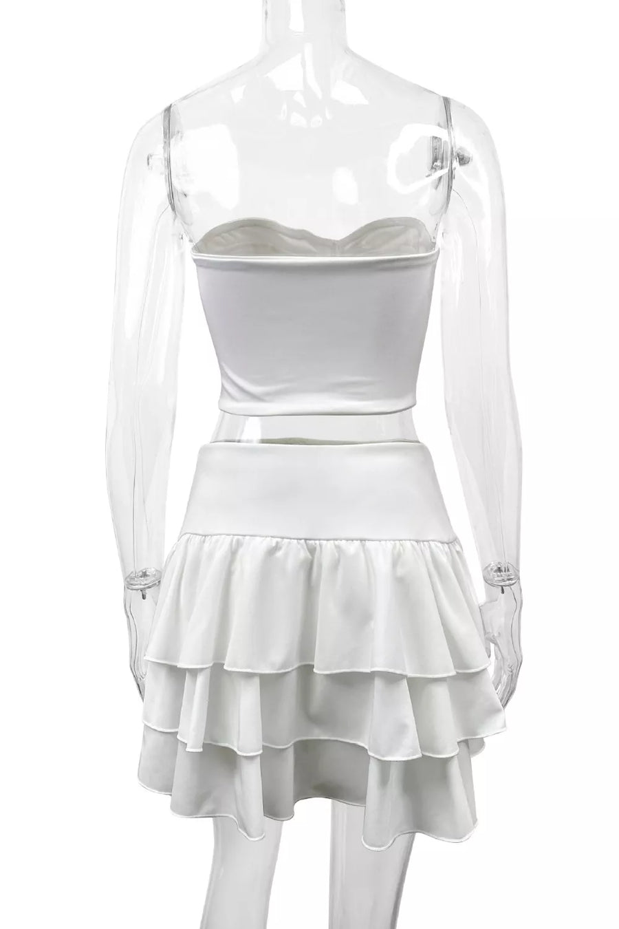 White strapless crop top and tiered ruffle mini skirt set