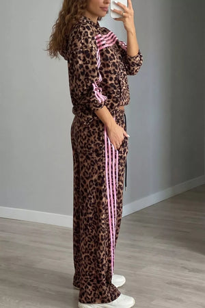 Leopard Print Striped Long Sleeve Top Pant Set option 4