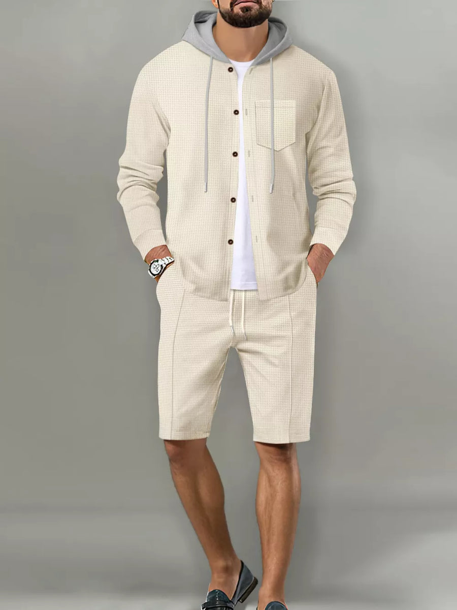Men's Casual Hooded Button-up Shirt And Shorts Set option 21