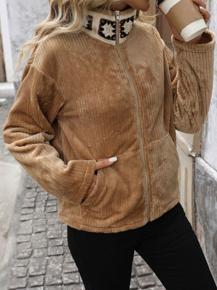 Camel corduroy zip-up jacket with crochet collar detail and pockets