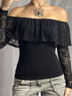 92% polyester, 8% elastane Care instructions: Machine wash cold off-shoulder top in black with fitted silhouette