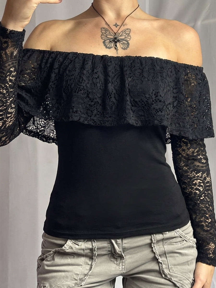92% polyester, 8% elastane Care instructions: Machine wash cold off-shoulder top in black with fitted silhouette