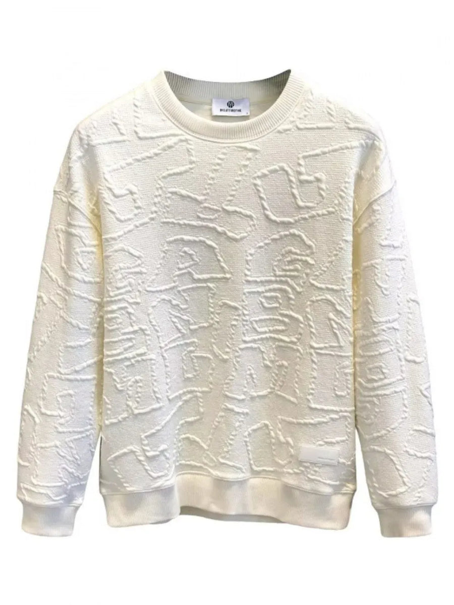 Ivory crewneck sweatshirt with embossed geometric texture, crew neck, long sleeves, and ribbed cuffs and hem.