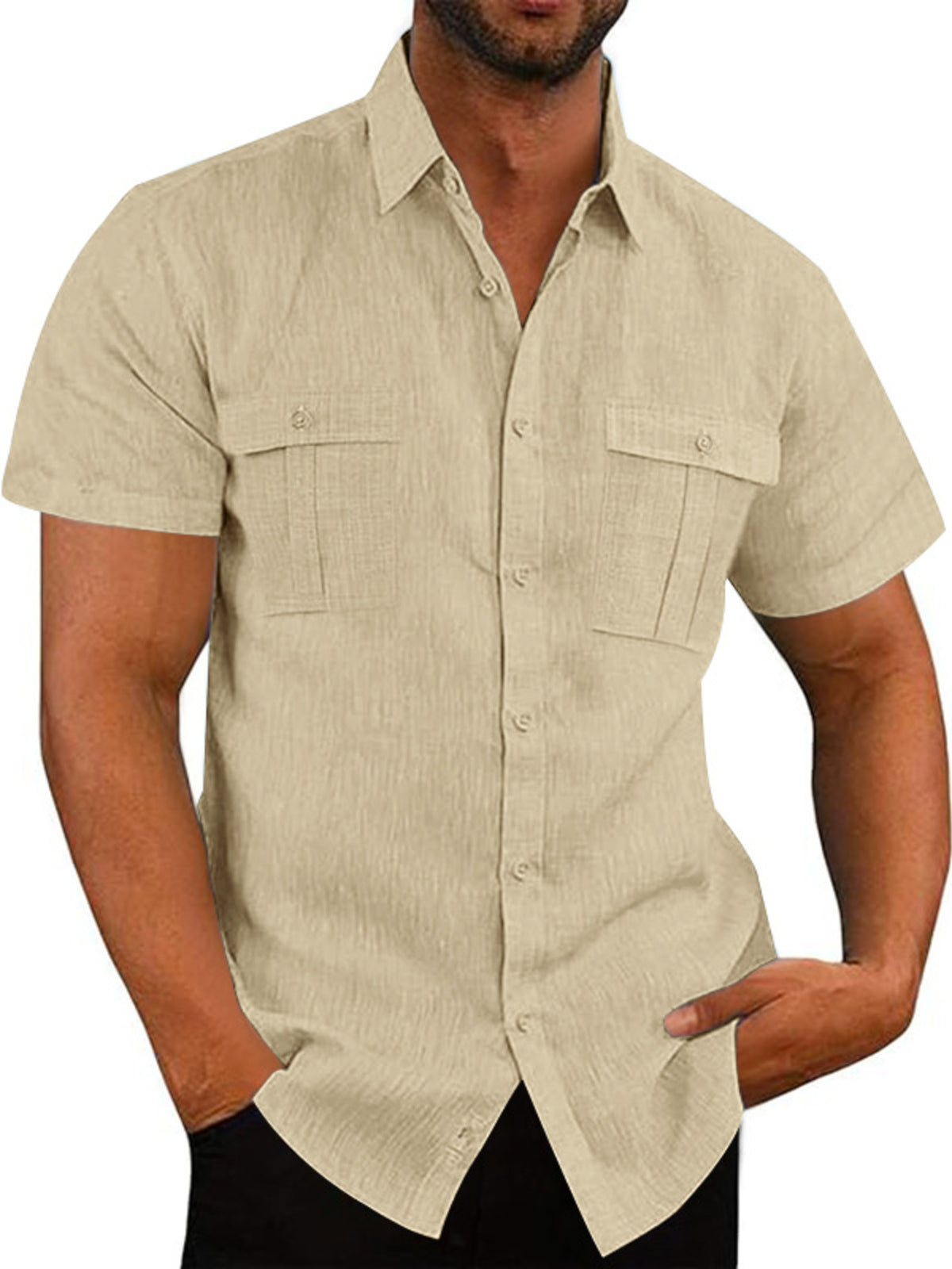 Light Khaki short sleeve button-down shirt with two chest pockets and a collared neckline.