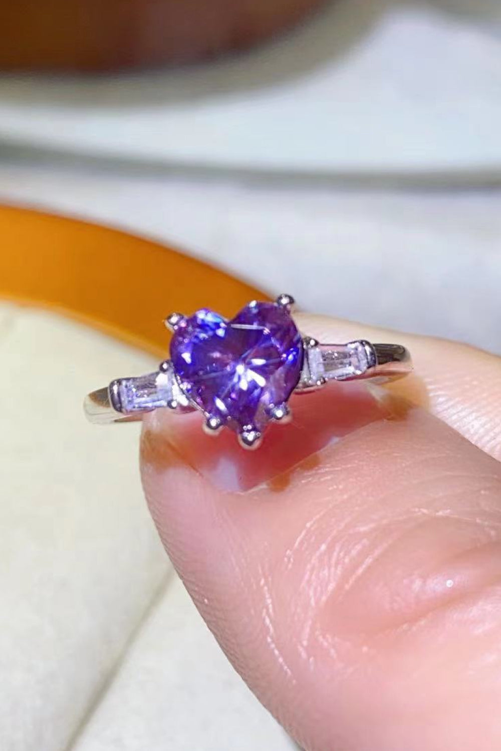 Purple heart-cut moissanite and baguette platinum ring