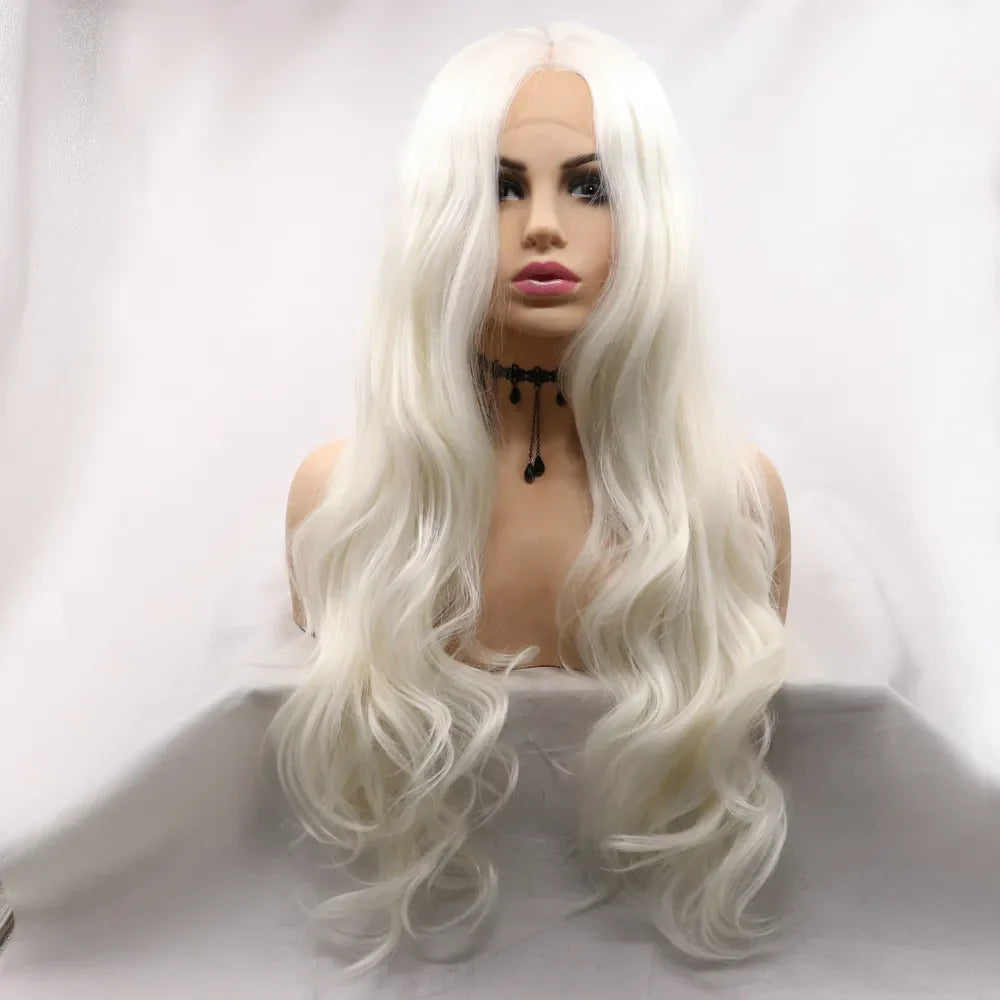 Arctic Siren lace front wig in white with long, wavy hair and a parted center.