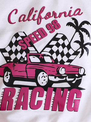 White crew-neck sweatshirt with California racing graphic and pink car.